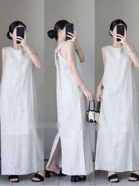 Ralph Lauren Cream Sleeveless Linen Maxi Dress with Back Tie